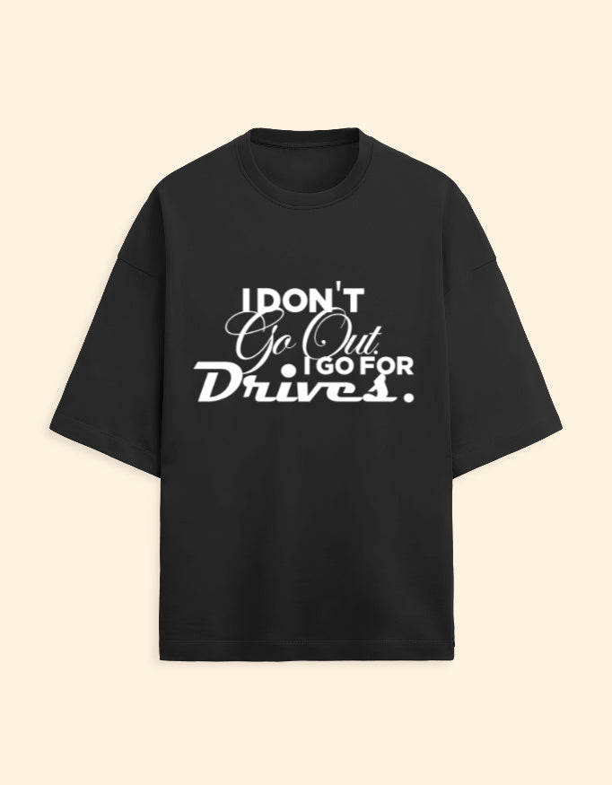 Black t-shirt with white text on a beige background