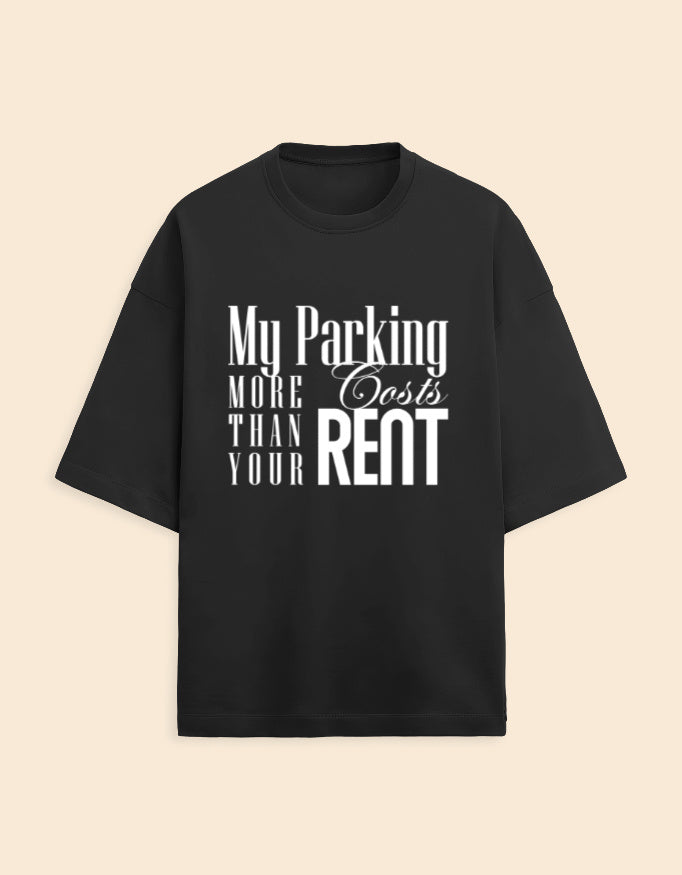 Black t-shirt with white text on a beige background