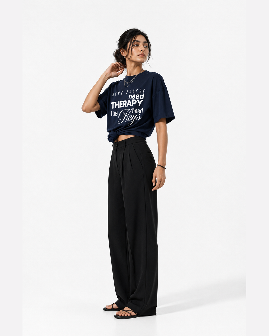  Therapy oversized car lover tee, WHIPDRIP automotive streetwear, midnight black, woman wearing car t-shirt that says Some people need therapy, i just need Keys